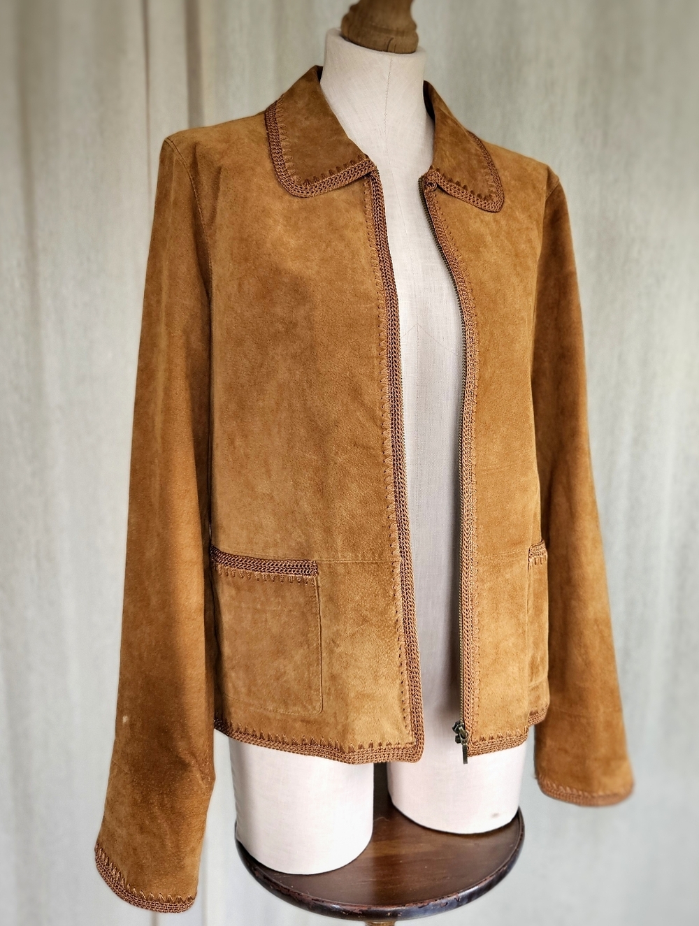 Carmel Brown Genuine Suede Leather Jacket Crochet Boho Embroidery Medium